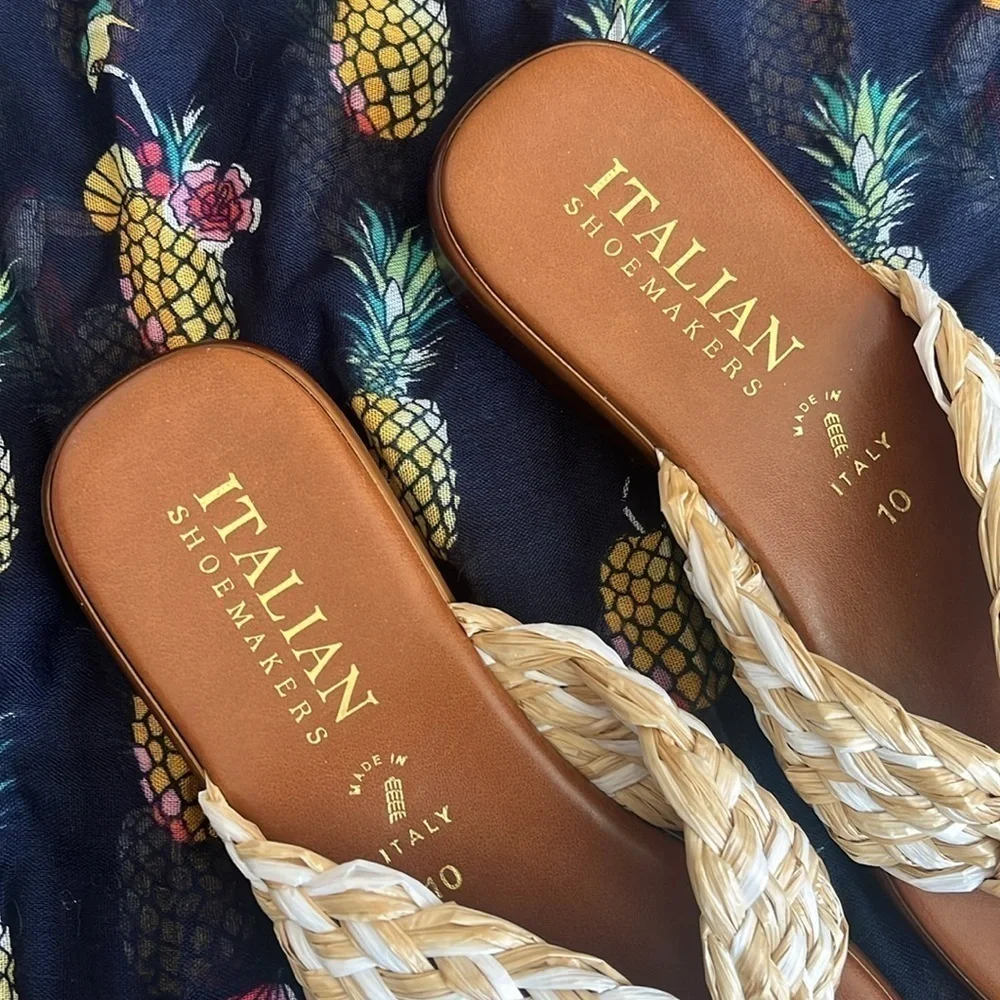 Brand New Italian Shoemakers Natural Braided Straw Thong Sandals Made In Italy